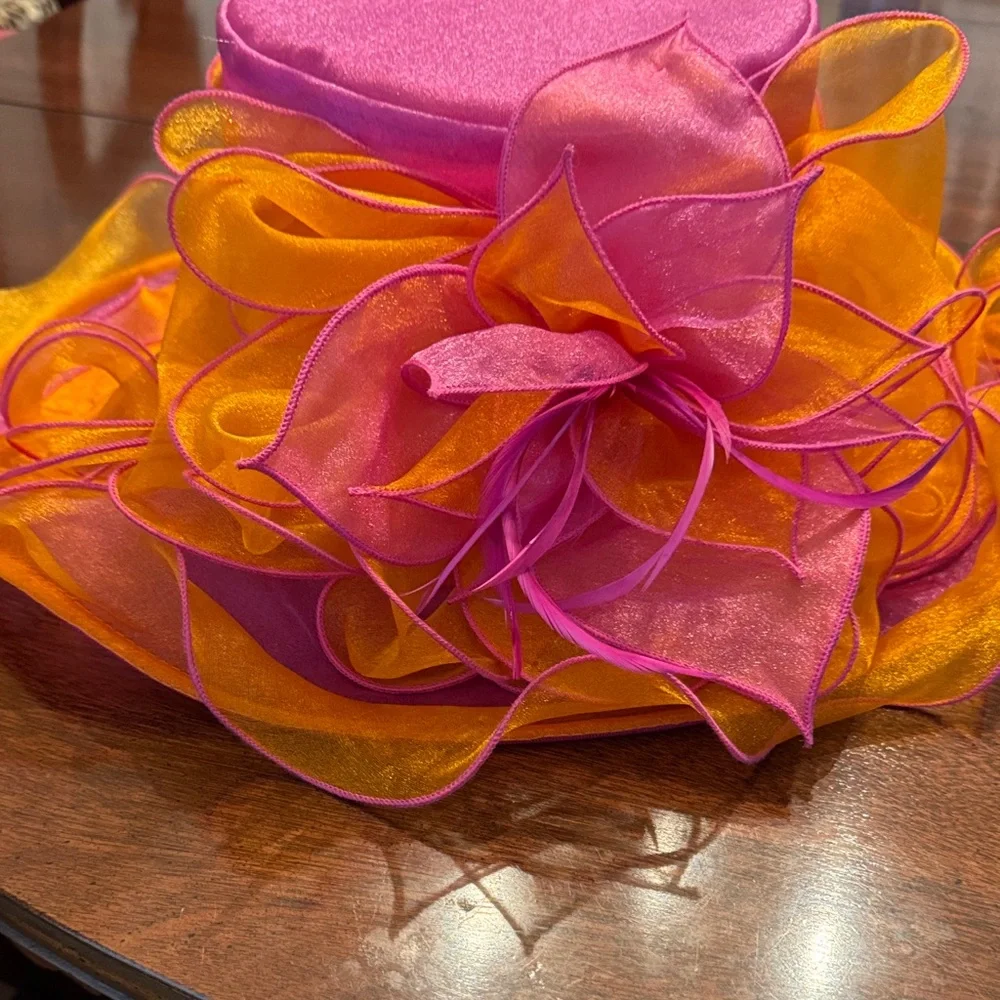 Elegant Pink and Orange Organza Wide-Brim Ladies Hat - Picture 3 of 7
